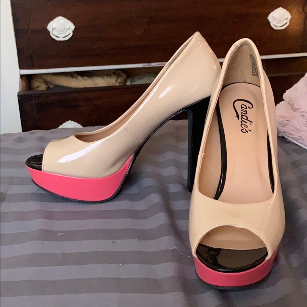 Candie's Nude, Pink, and Black Open-Toed Heels